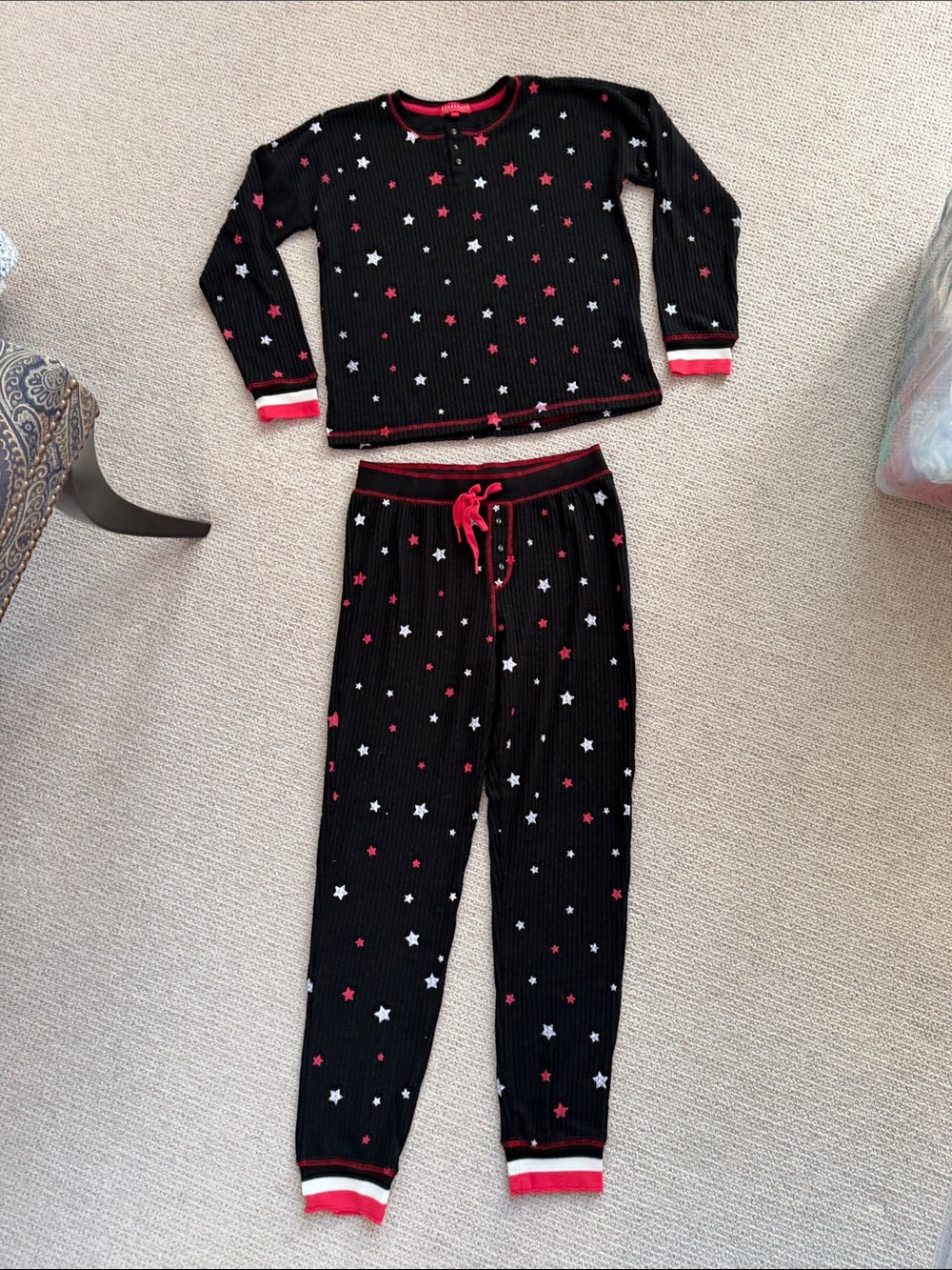 P.J. Salvage Black Waffle Knit Star PJ Set with Red & White Stars